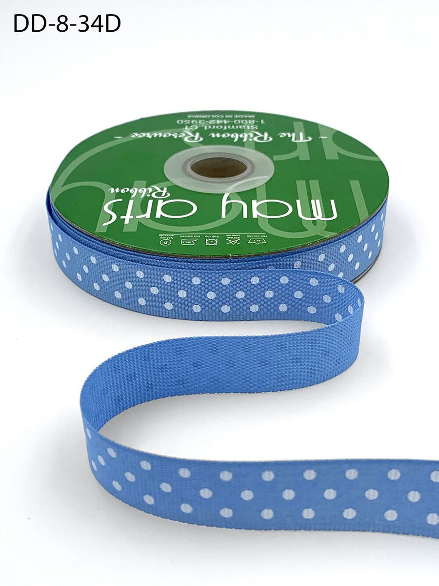 5/8 Inch Grosgrain Printed Dots Ribbon with Woven Edge – DD-8-34D LIGHT BLUE/WHITE DOTS
