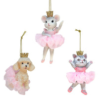 Pink Ballet Cat, Mouse & Poodle Ornaments