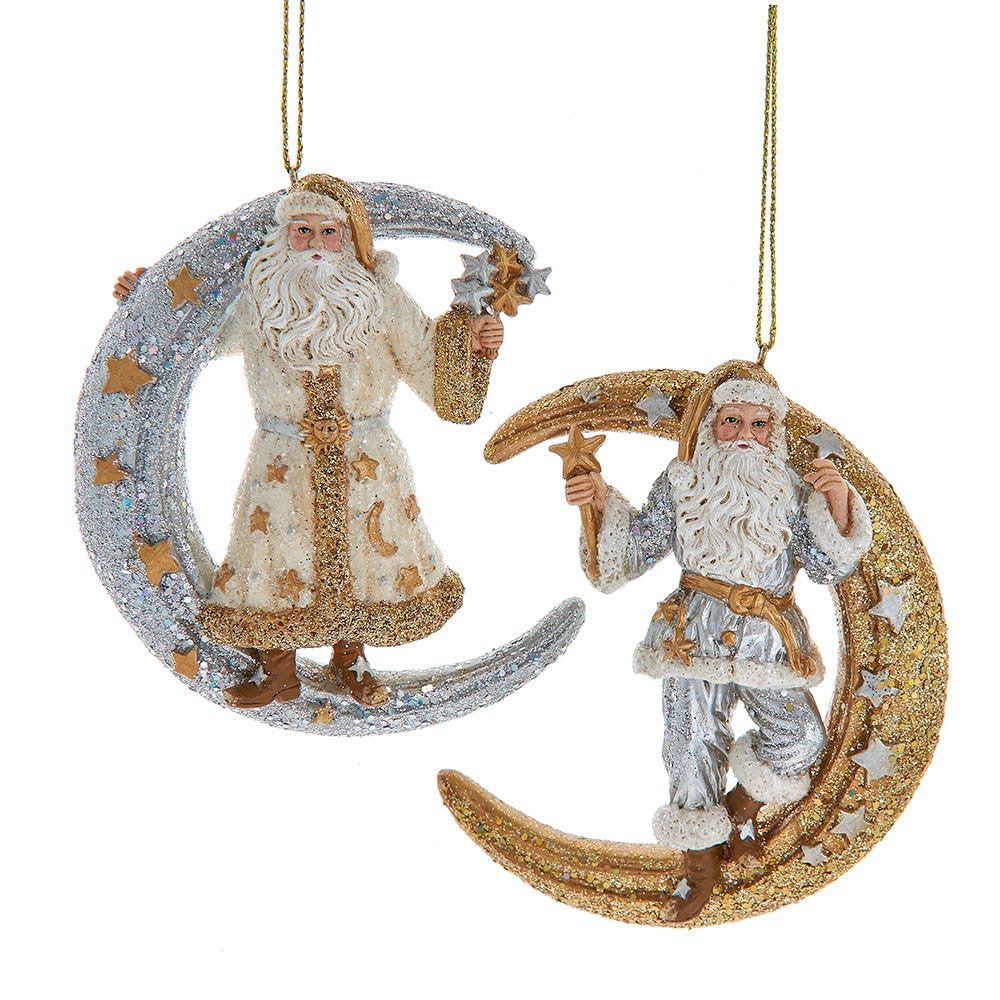 Santa On Metallic Gold & Silver Moon Ornaments