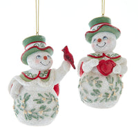 Mistletoe Snowman Holding Cardinal & Heart Ornaments