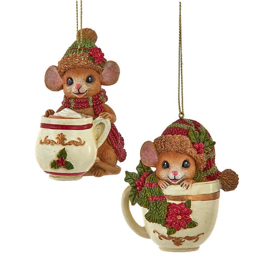 Mouse With Poinsettia & Holly Leaf Mug Ornaments