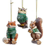 Winter Green Fox, Squirrel & Owl Ornaments