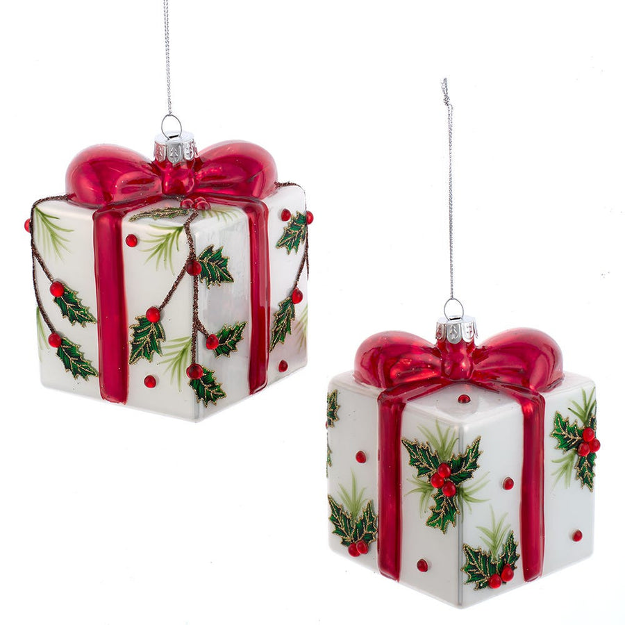 Glass Holly Decorated Present Ornament