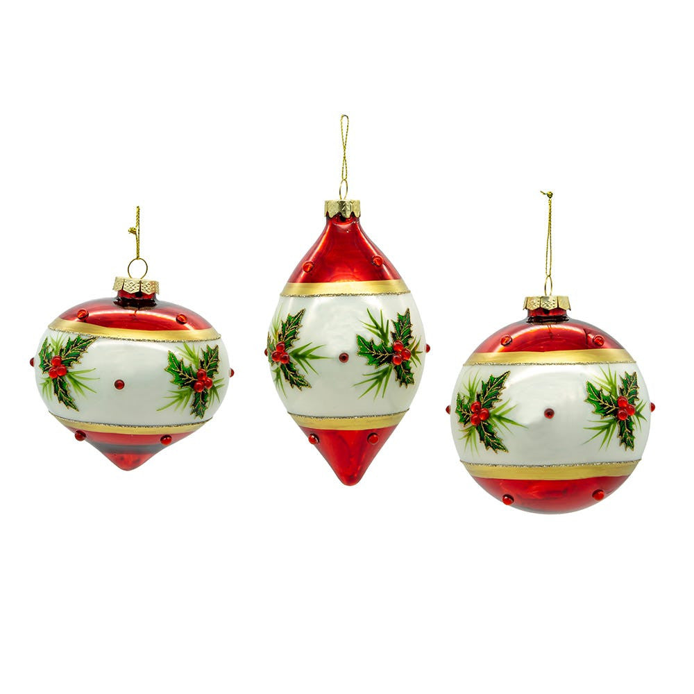 Glass Red & White With Holly Ball, Finial and Onion Shaped Ornaments