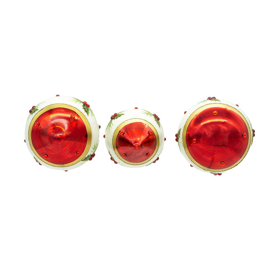 Glass Red & White With Holly Ball, Finial and Onion Shaped Ornaments