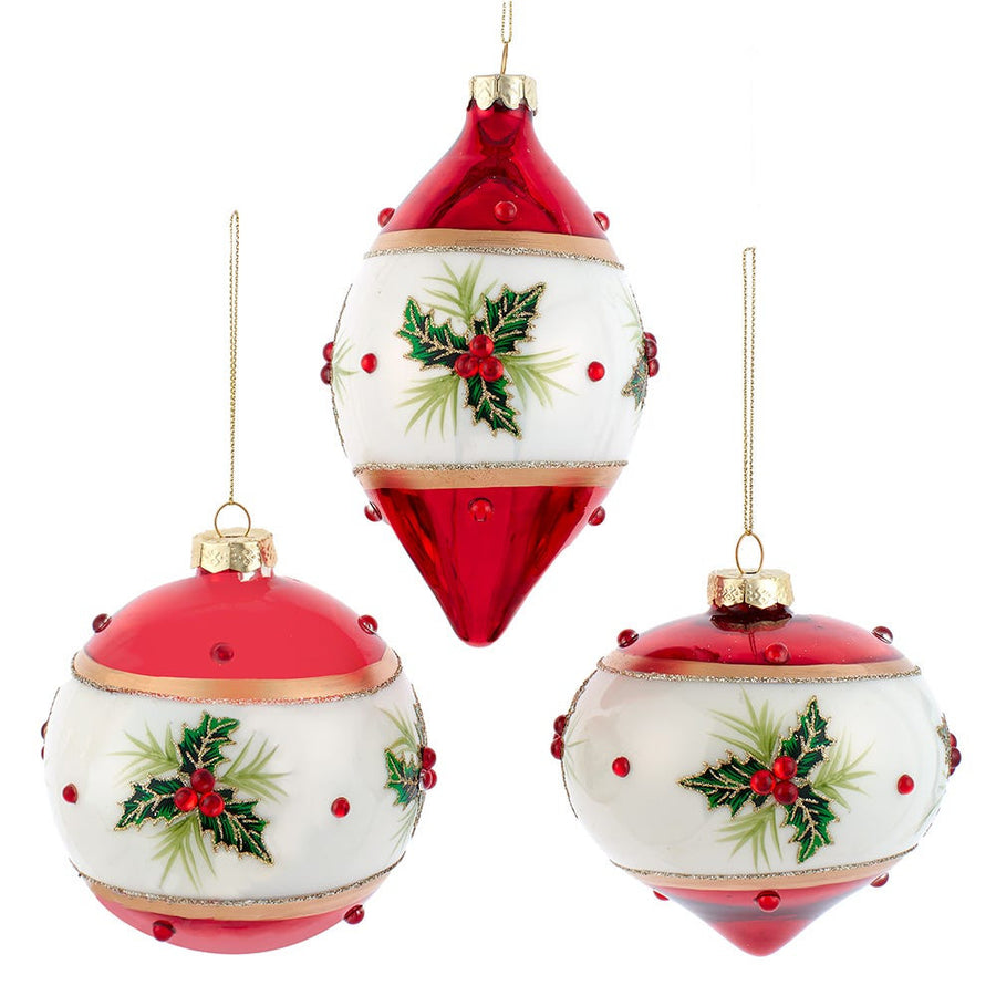 Glass Red & White With Holly Ball, Finial and Onion Shaped Ornaments