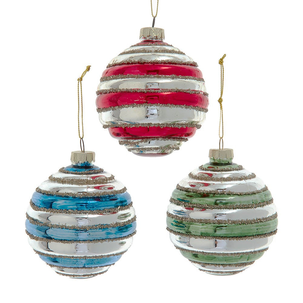 Shiny Glass Red, Blue & Green With Silver Stripes Ball Ornaments