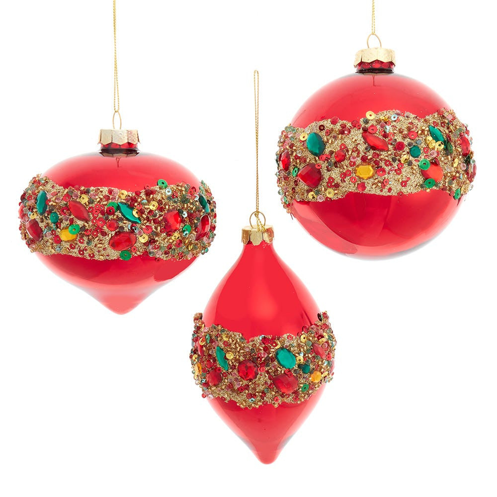 Glass Shiny Red With Embellishments Ball, Onion & Drop Ornaments