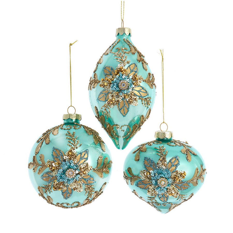 Glass Aqua & Gold Ball, Drop & Onion Ornaments