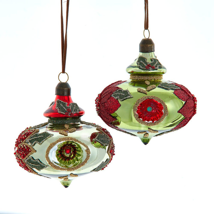 Glass Red & Olive Reflector Finial Ornaments