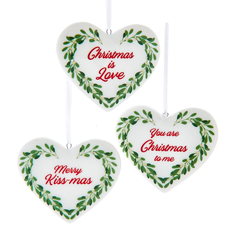 Mistletoe Porcelain Heart With Sayings Ornaments