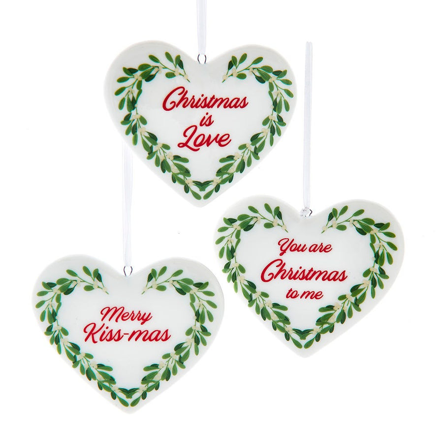 Mistletoe Porcelain Heart With Sayings Ornaments