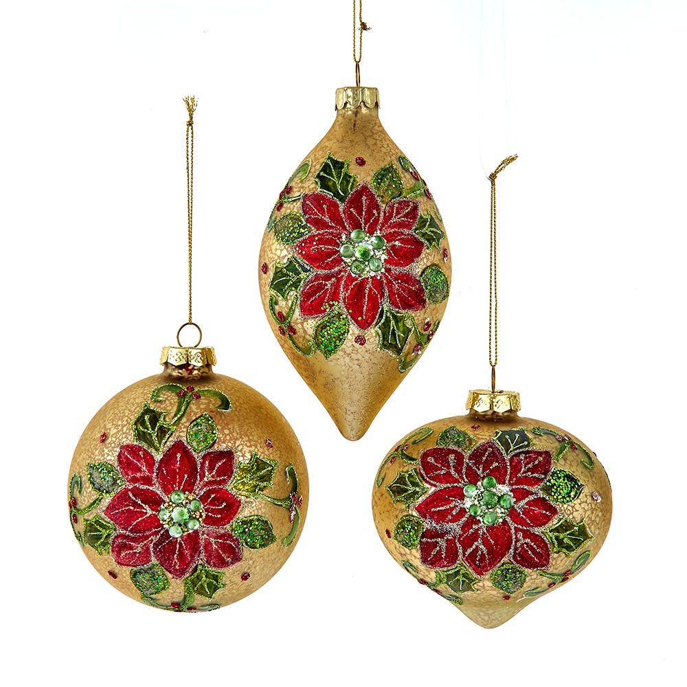 Mercury Glass Gold With Red & Green Flower Ball, Drop & Onion Ornaments