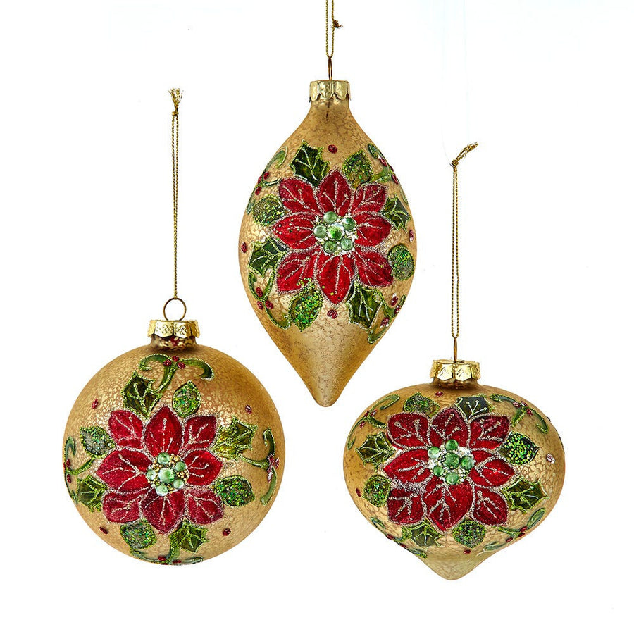Mercury Glass Gold With Red & Green Flower Ball, Drop & Onion Ornaments