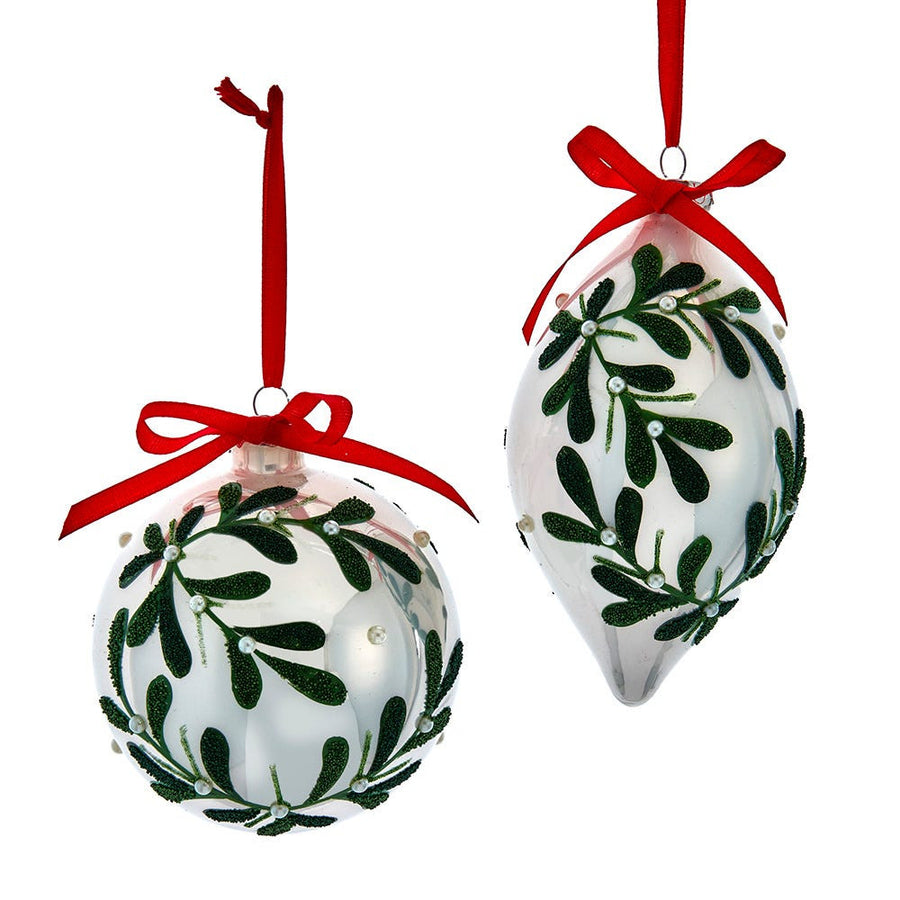 Glass Pearlized White With Mistletoe Design Ball & Drop Ornaments