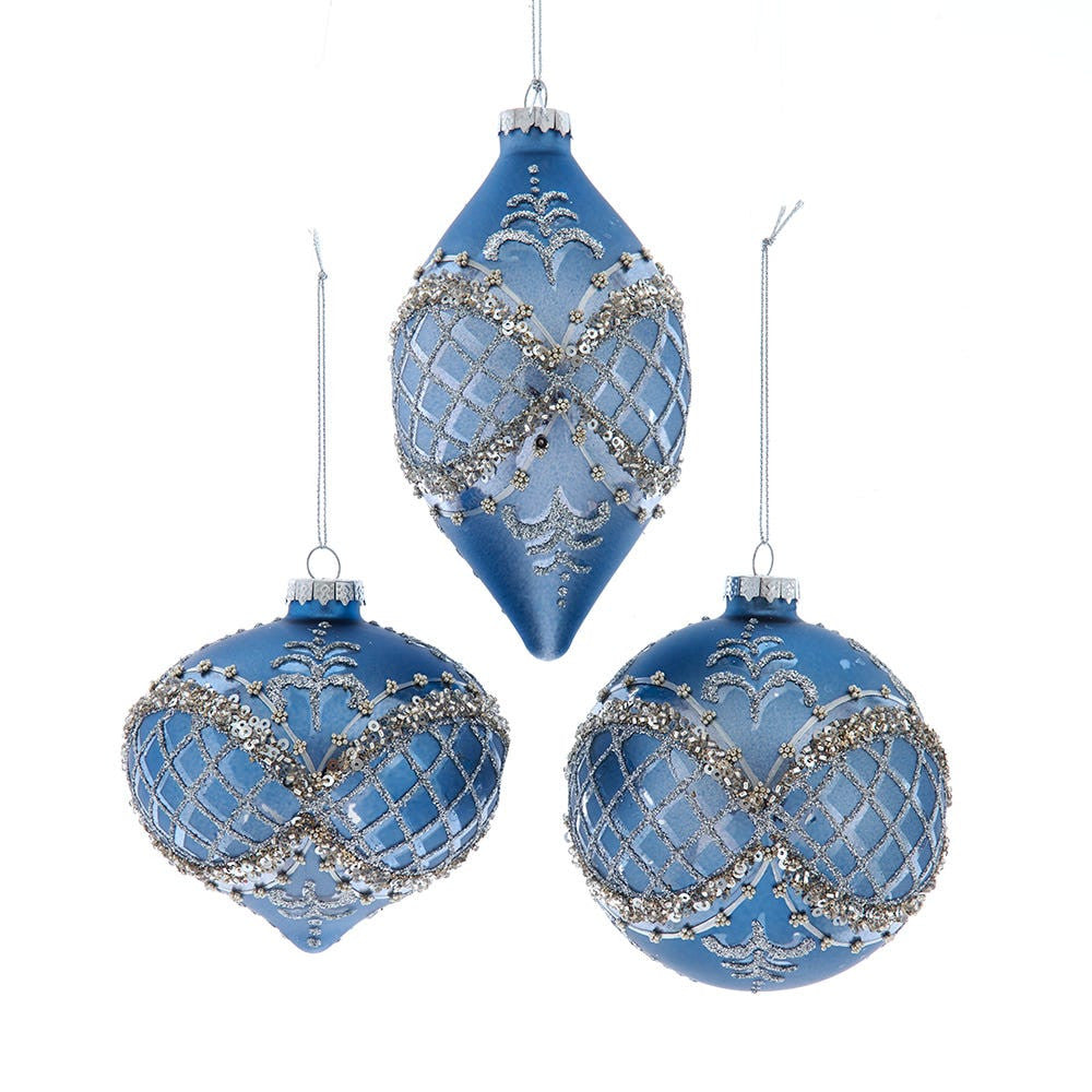 Glass Blue & Platinum Ball, Onion & Drop Ornaments