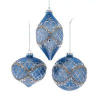 Glass Blue & Platinum Ball, Onion & Drop Ornaments