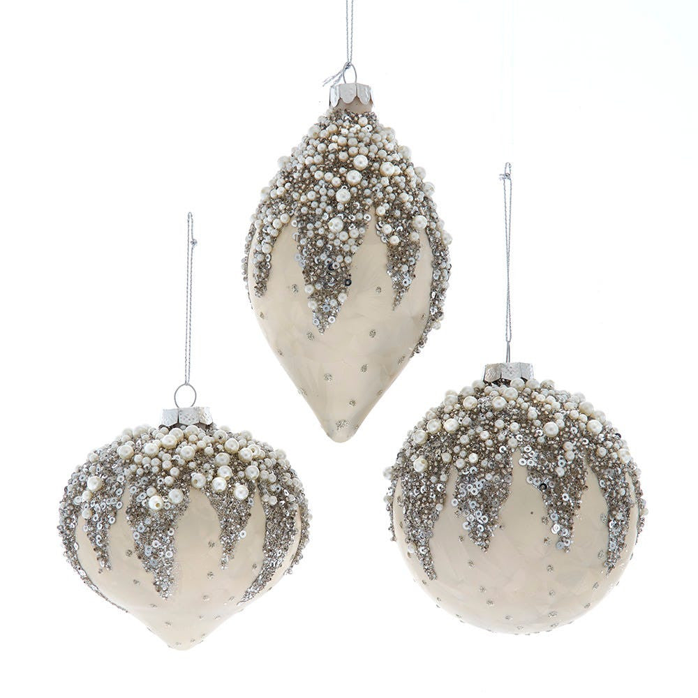 Glass Ivory Beaded Ball, Onion & Drop Ornaments