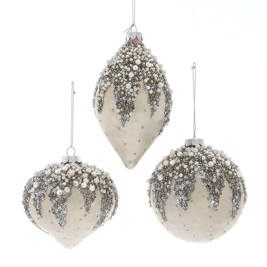 Glass Ivory Beaded Ball, Onion & Drop Ornaments