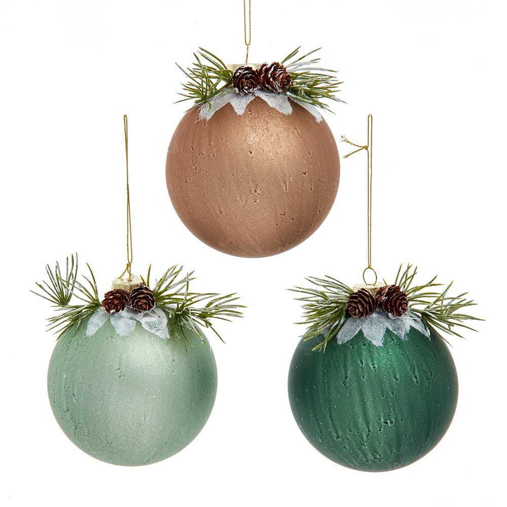 Glass Winter Green & Light Brown Pinecone Design Ball Ornaments