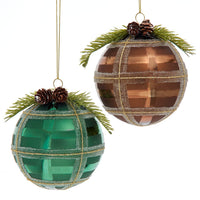 Glass Winter Green & Brown Plaid Ball Ornaments
