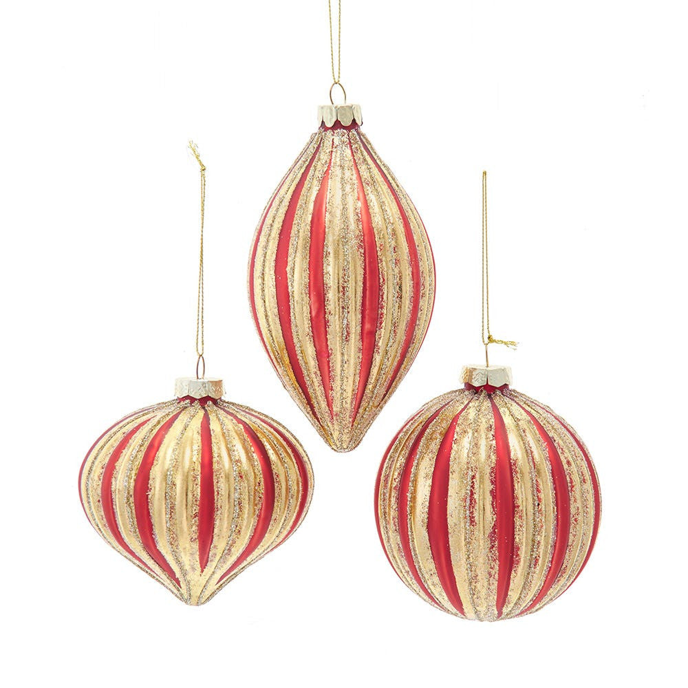 Glass Red & Gold Striped Ball, Drop & Onion Ornaments