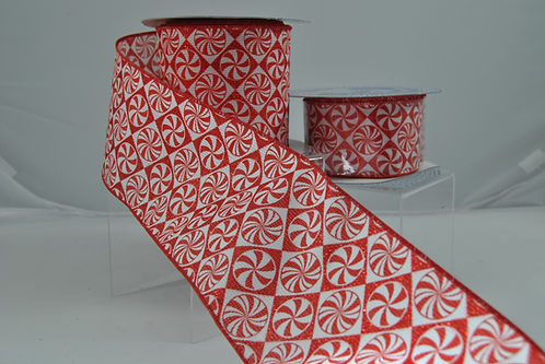 RIBBON 2.5X10YDS GLITTER CANDY MINT RED AND WHITE