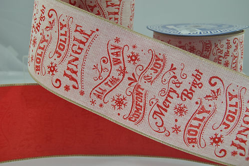 RIBBON 2.5X10YDS HOLLY JINGLE RED AND NATURAL