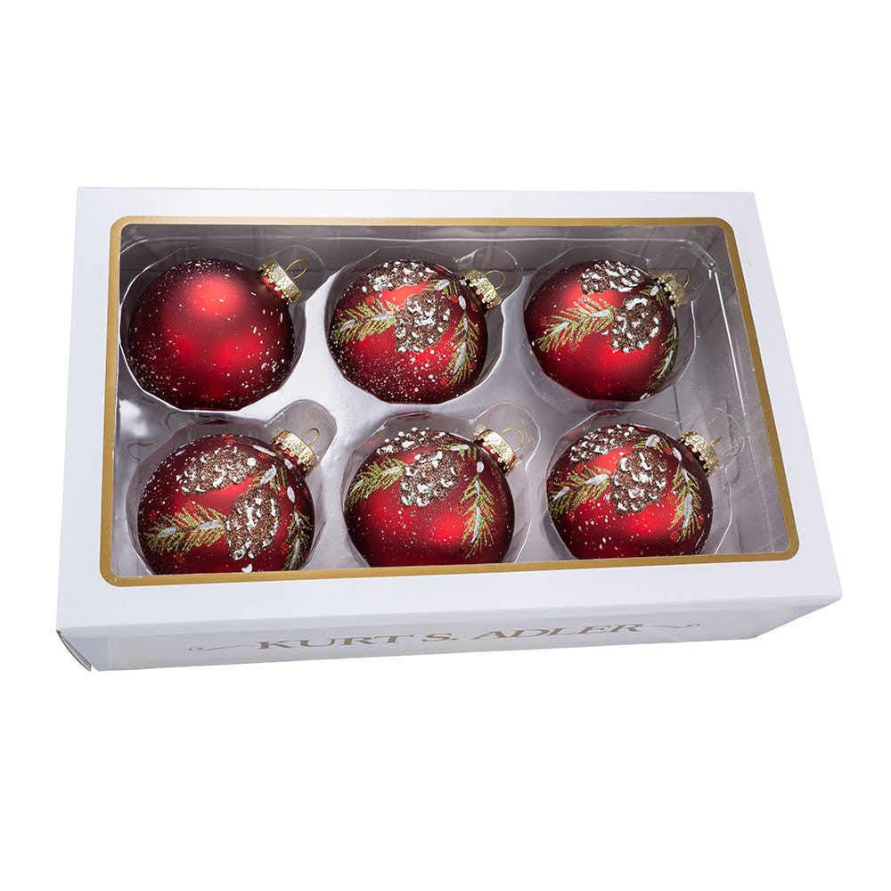 80MM Glass Red With Pinecone Design Ball Ornaments