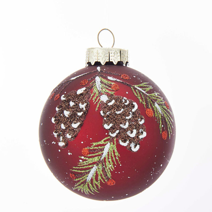 80MM Glass Red With Pinecone Design Ball Ornaments