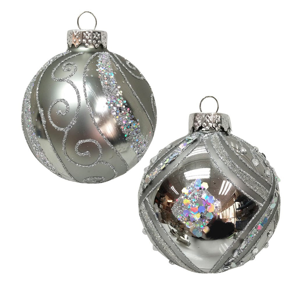 80MM Glass Silver Glitter and Sequins Ball Ornaments