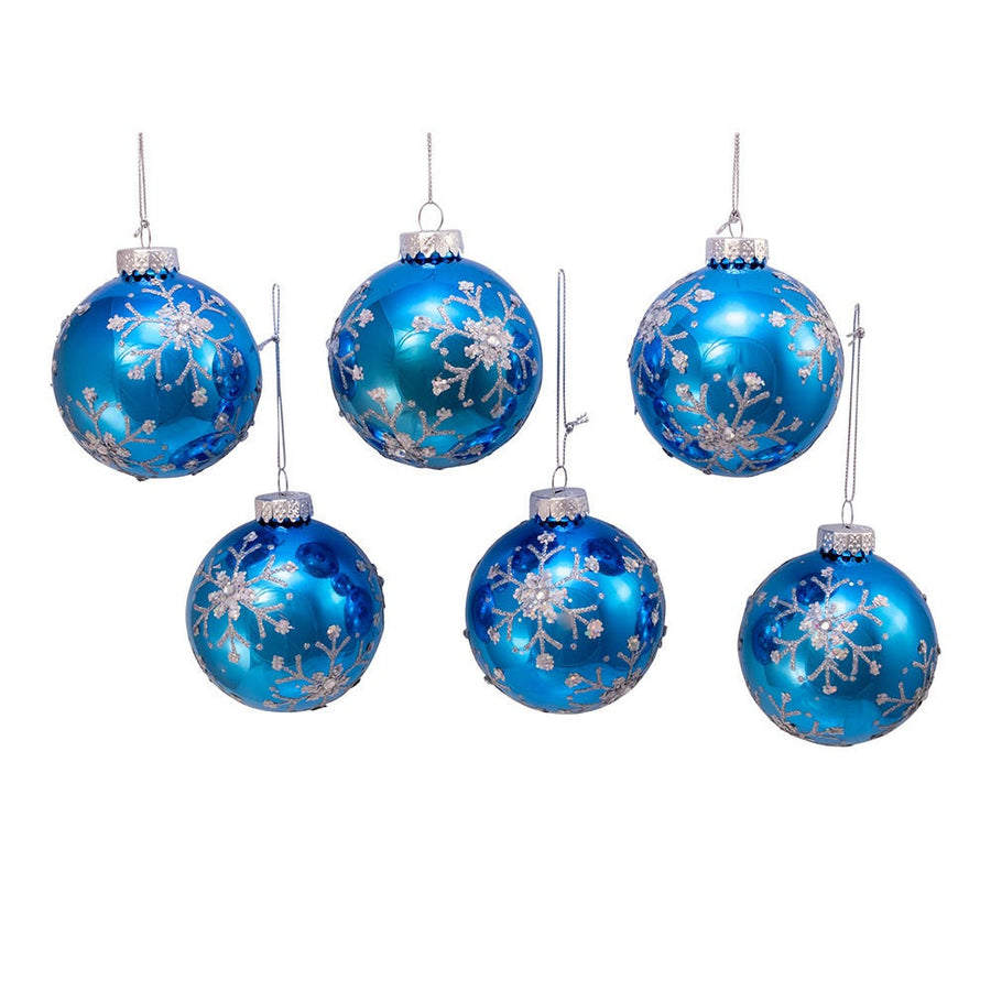 80MM Glass Blue and Silver Glitter Snowflake Ball Ornaments