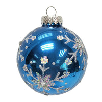 80MM Glass Blue and Silver Glitter Snowflake Ball Ornaments