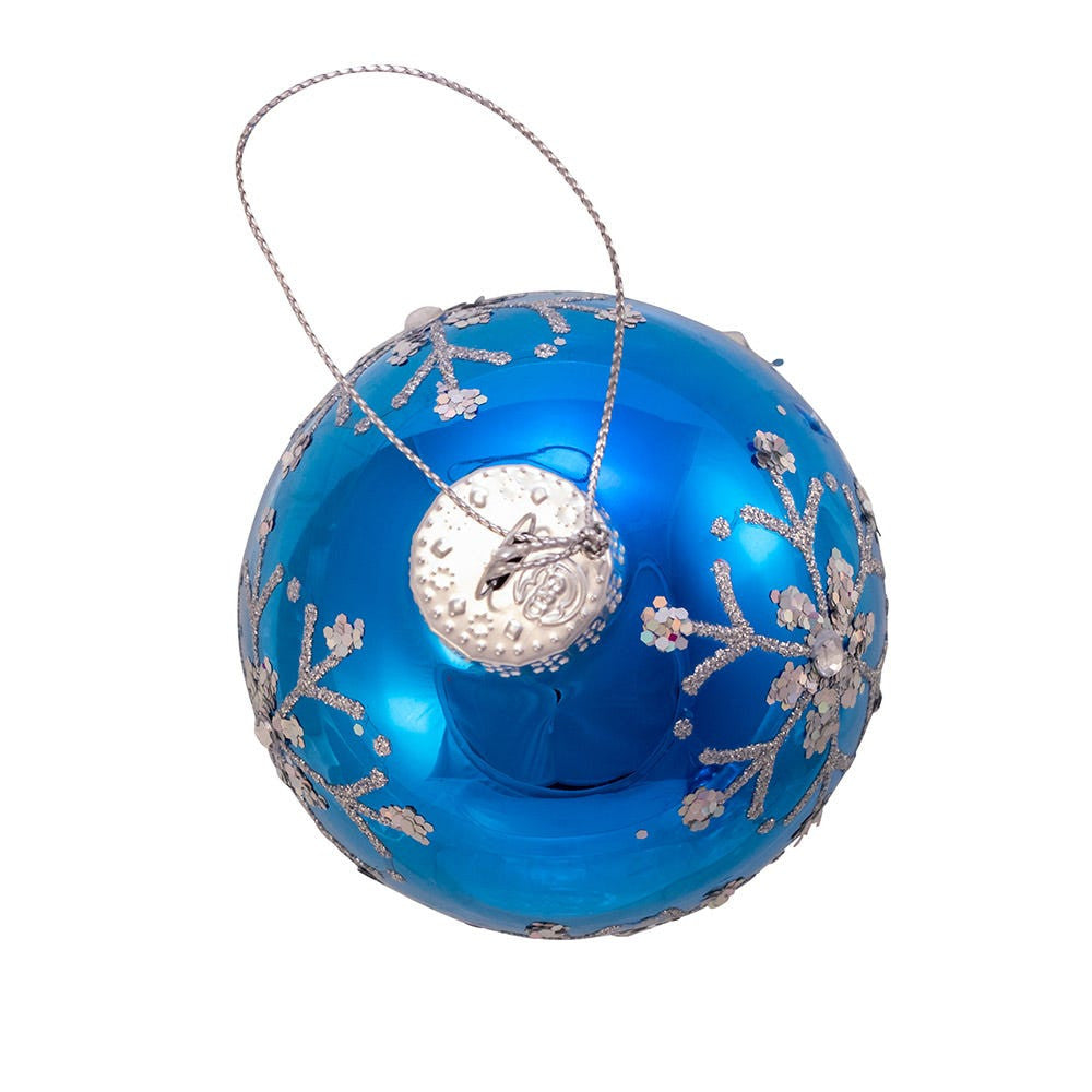 80MM Glass Blue and Silver Glitter Snowflake Ball Ornaments