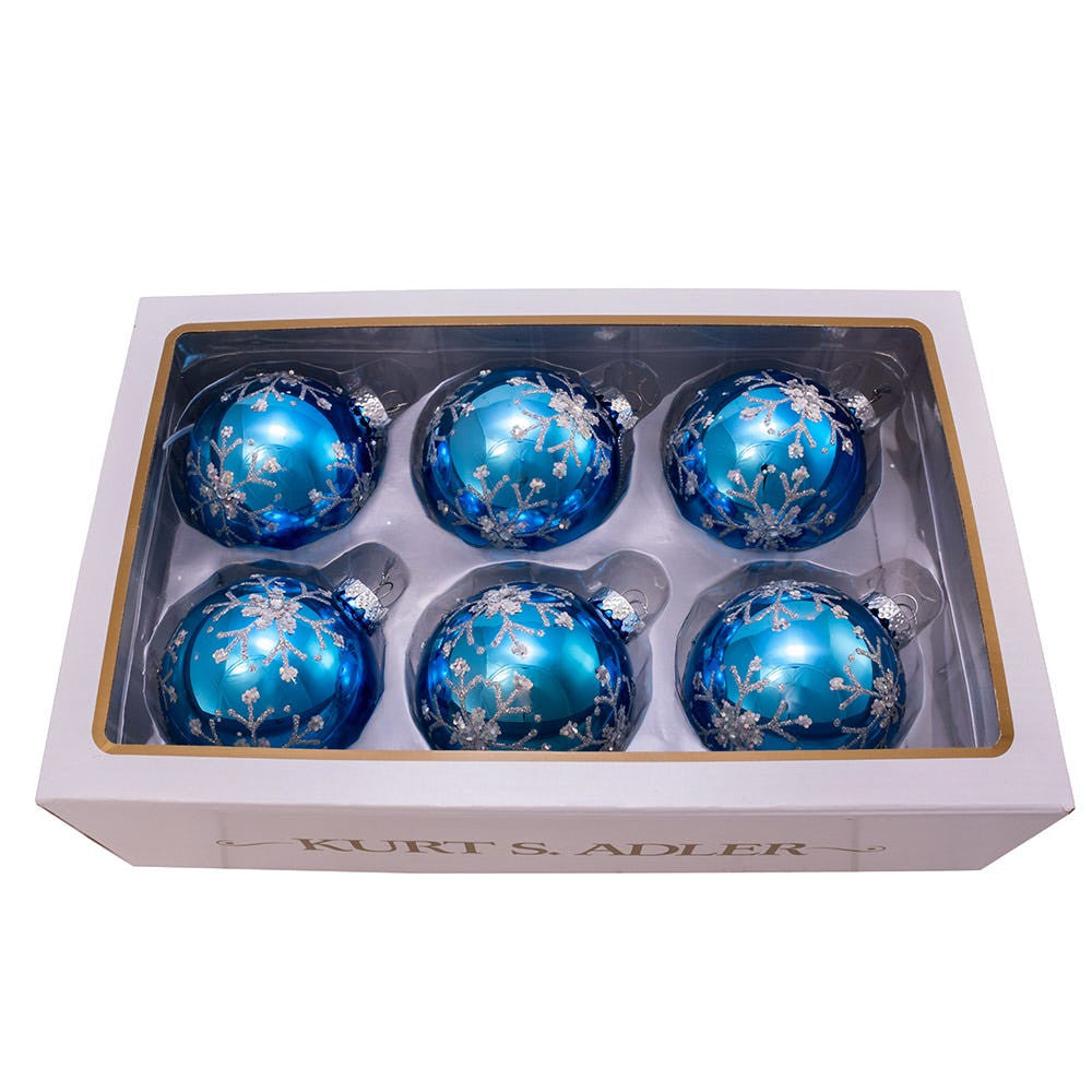 80MM Glass Blue and Silver Glitter Snowflake Ball Ornaments