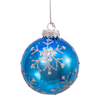 80MM Glass Blue and Silver Glitter Snowflake Ball Ornaments