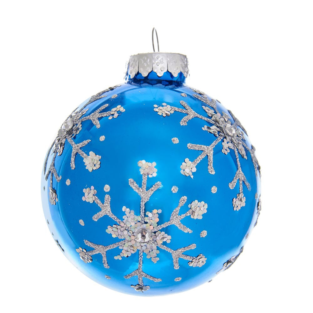 80MM Glass Blue and Silver Glitter Snowflake Ball Ornaments