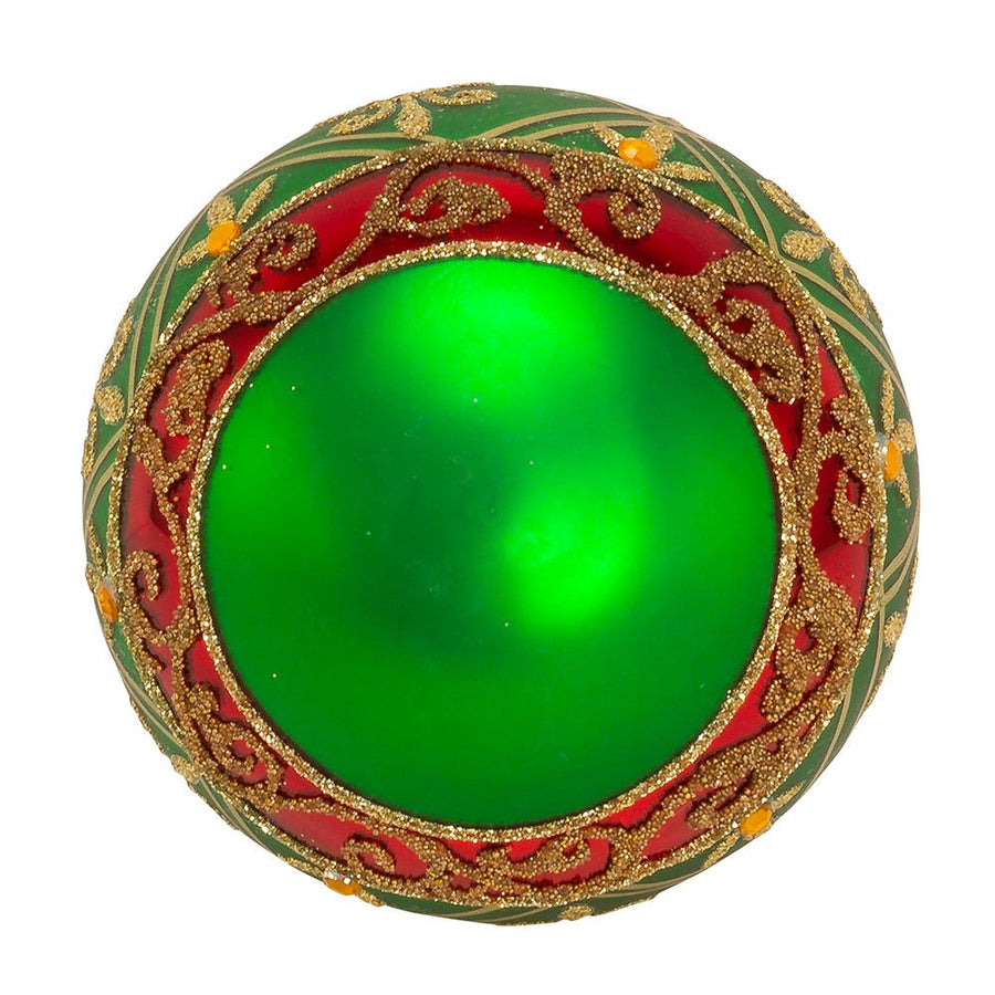 80MM Glass Green Ball Ornament With Red and Gold Fleur-De-Lis Design