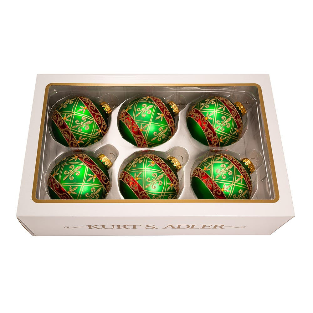 80MM Glass Green Ball Ornament With Red and Gold Fleur-De-Lis Design