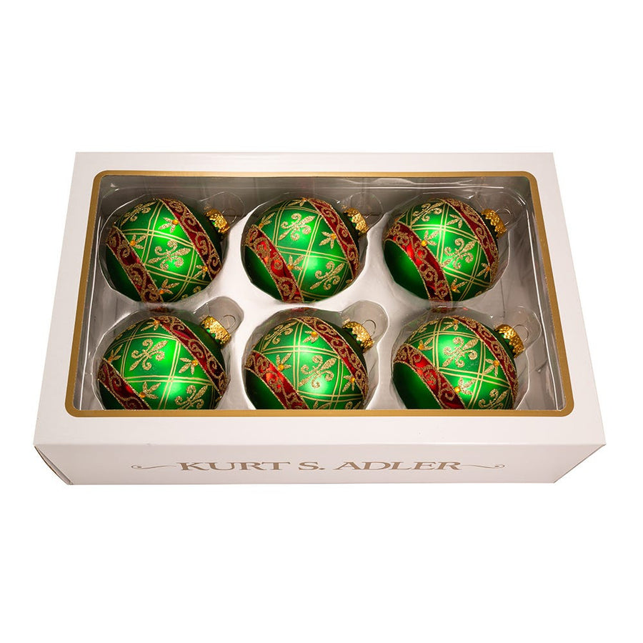 80MM Glass Green Ball Ornament With Red and Gold Fleur-De-Lis Design