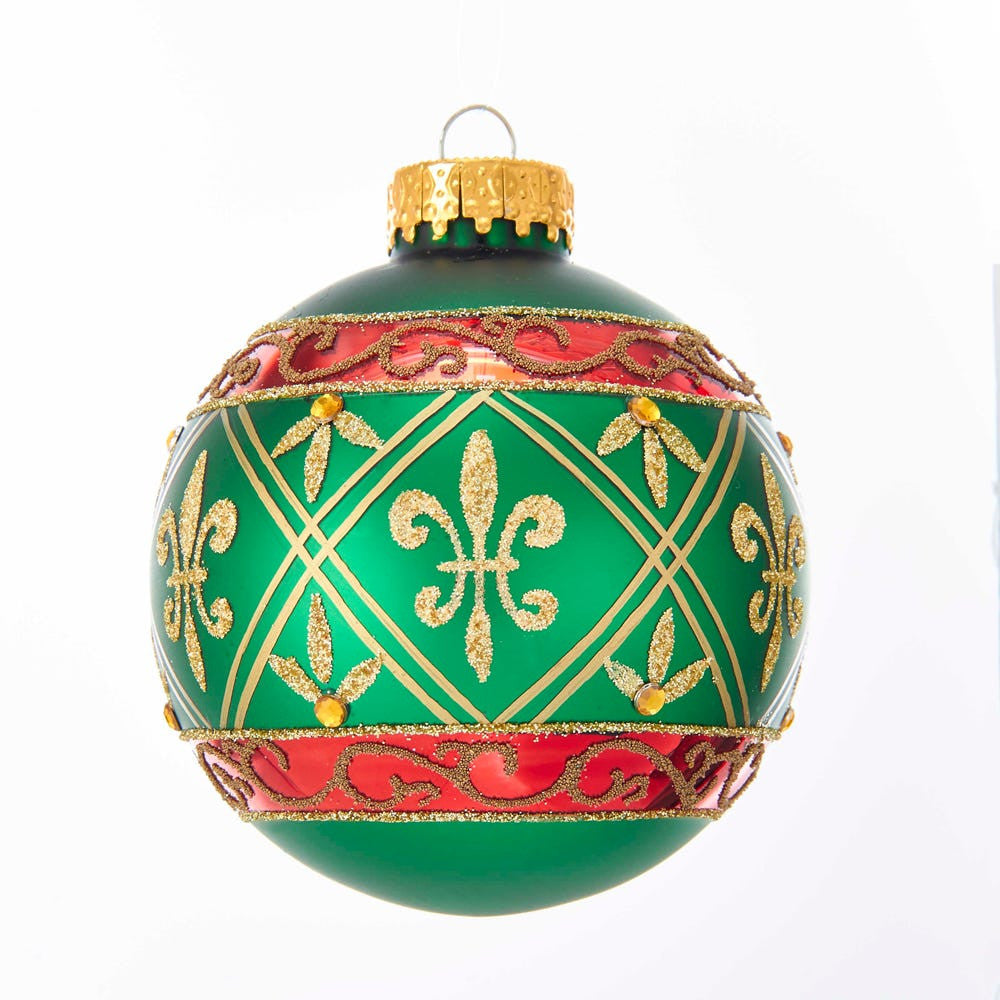 80MM Glass Green Ball Ornament With Red and Gold Fleur-De-Lis Design