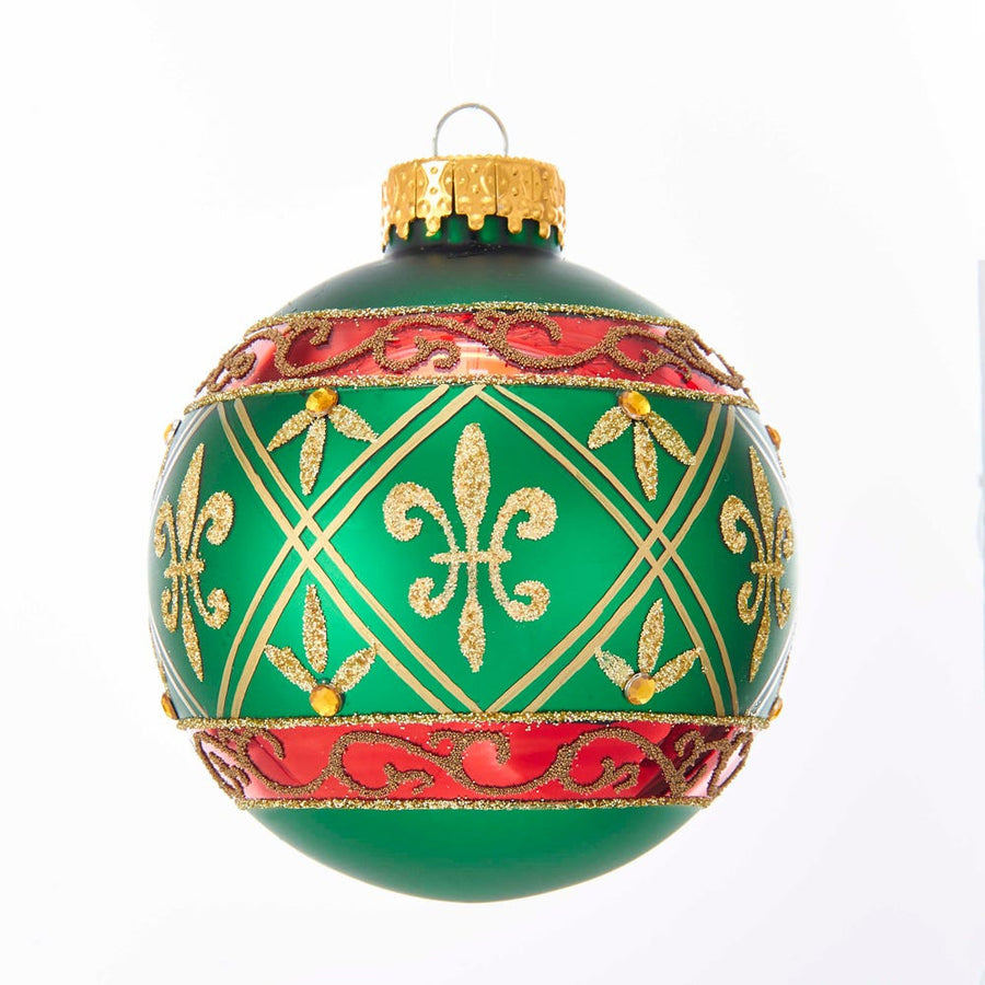 80MM Glass Green Ball Ornament With Red and Gold Fleur-De-Lis Design