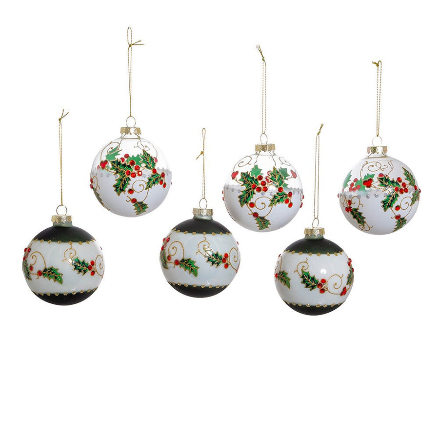 80MM Glass Holly Leaves and Berries Ball Ornaments