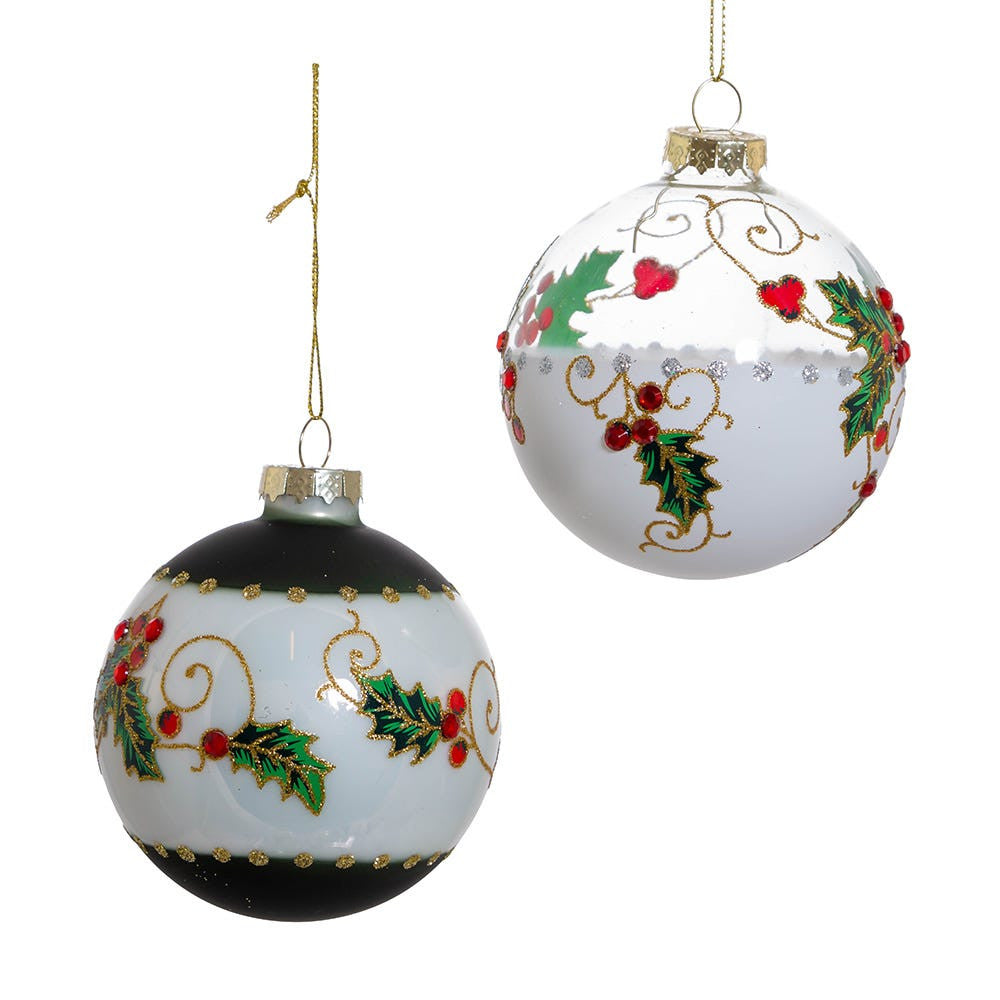 80MM Glass Holly Leaves and Berries Ball Ornaments