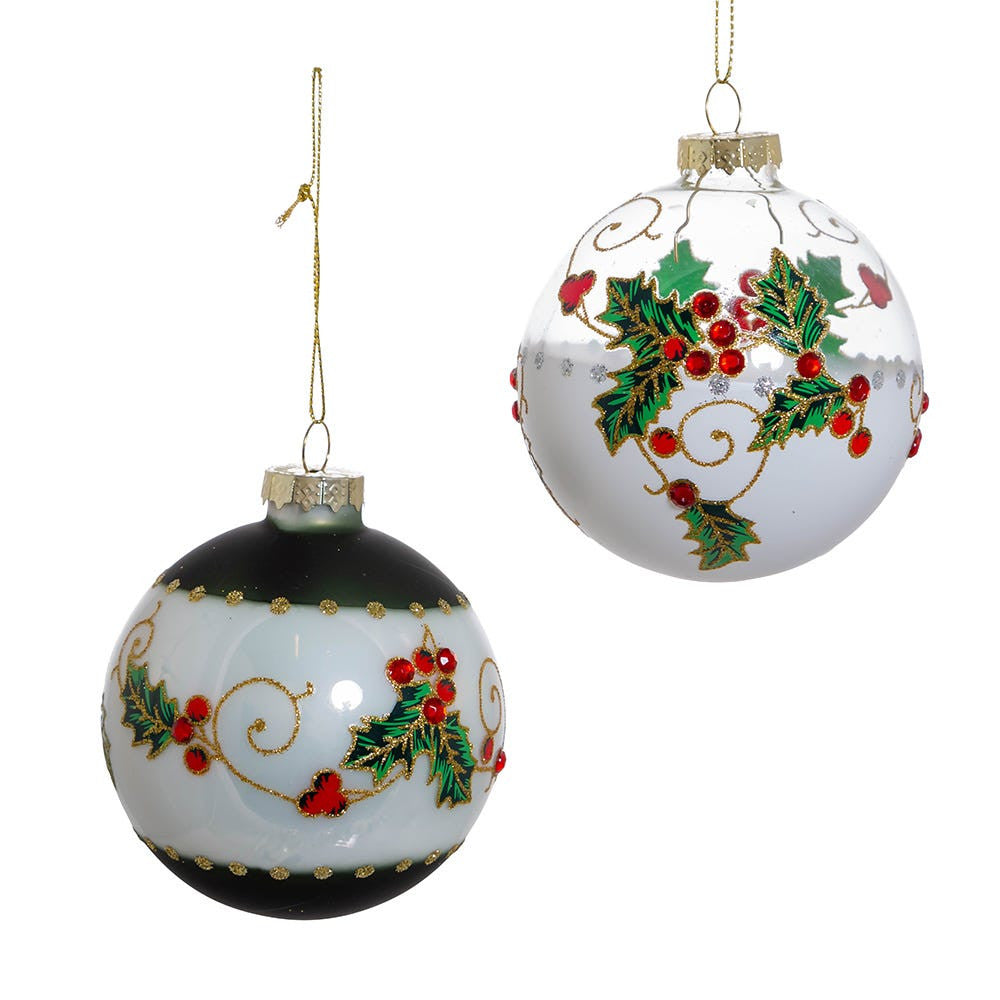 80MM Glass Holly Leaves and Berries Ball Ornaments