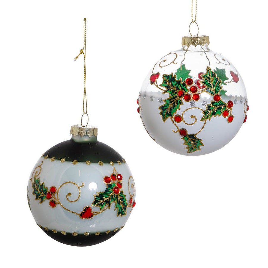 80MM Glass Holly Leaves and Berries Ball Ornaments