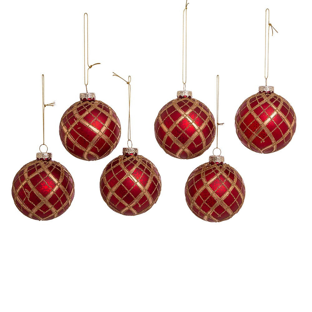 80MM Glass Red With Gold Plaid Ball Ornaments