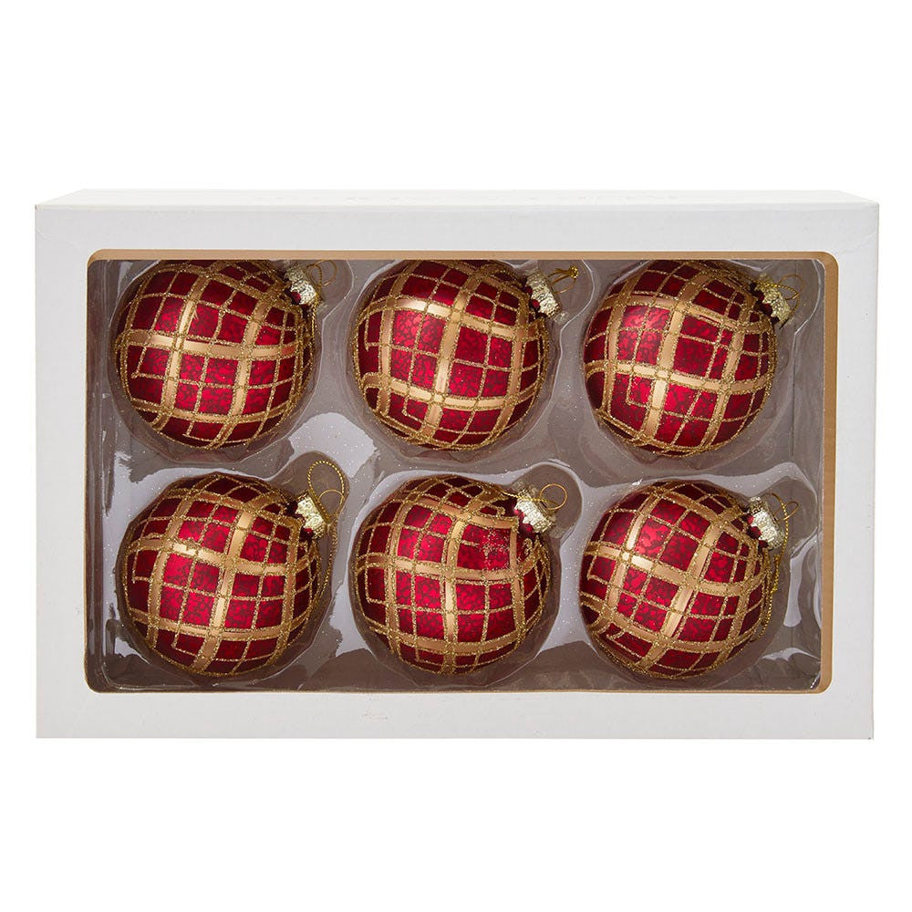 80MM Glass Red With Gold Plaid Ball Ornaments