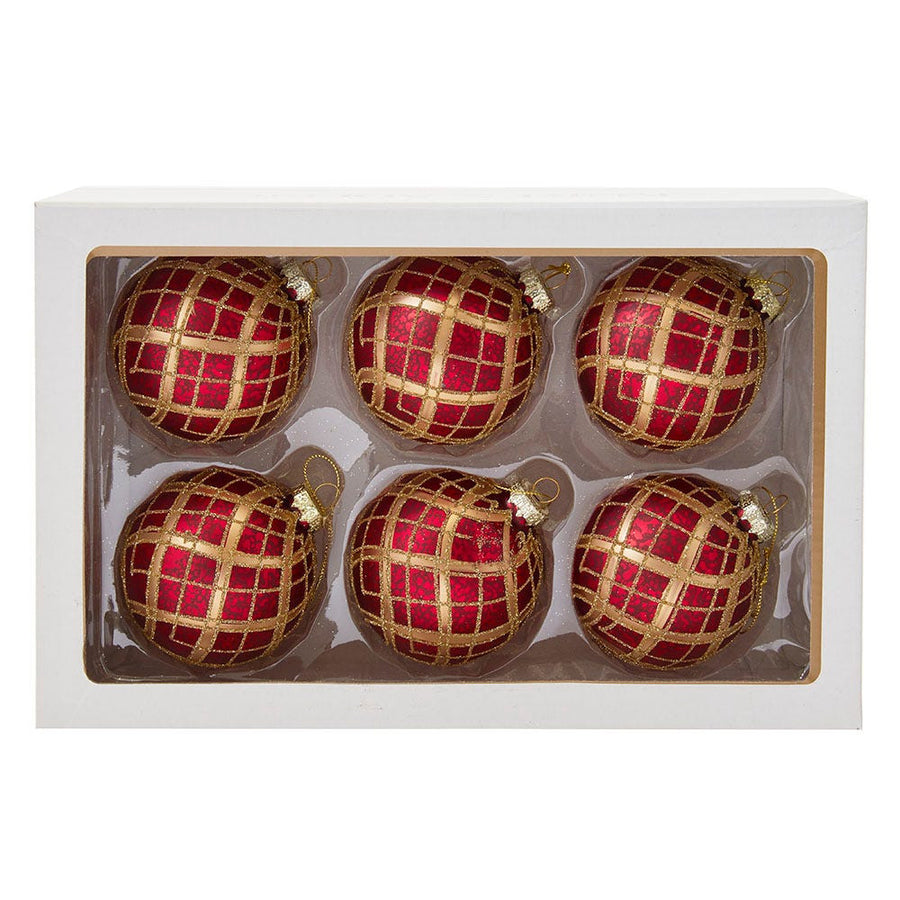 80MM Glass Red With Gold Plaid Ball Ornaments