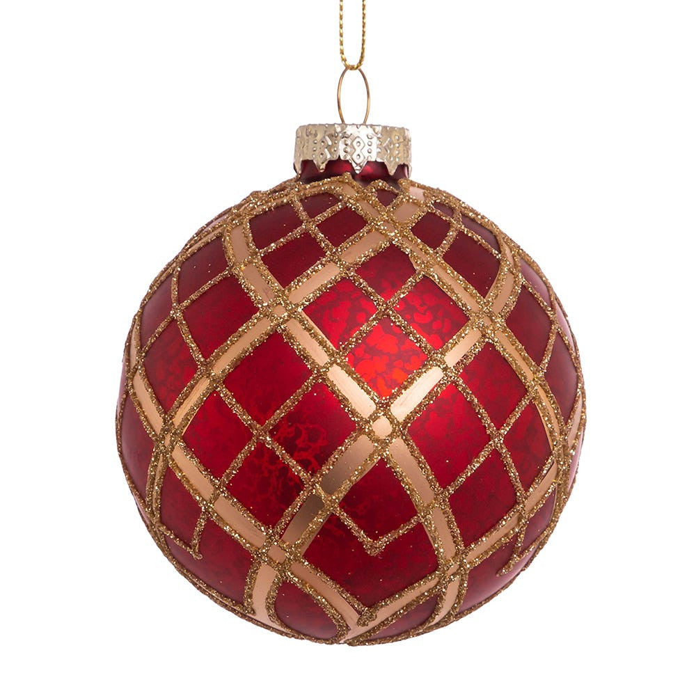 80MM Glass Red With Gold Plaid Ball Ornaments